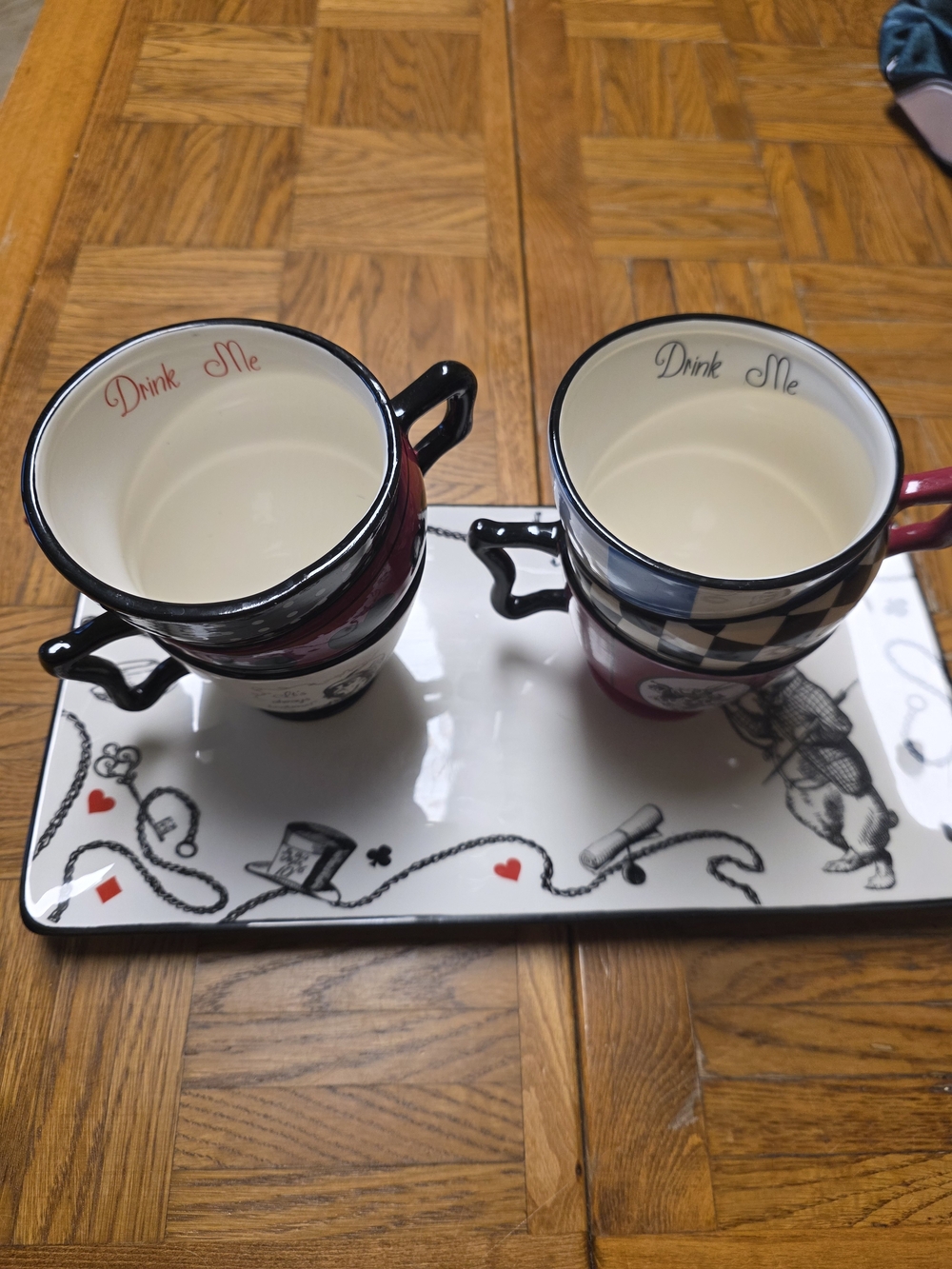 Alice's Adventures Ceramic 'Drink Me' Mug Duo with Decorative Tray